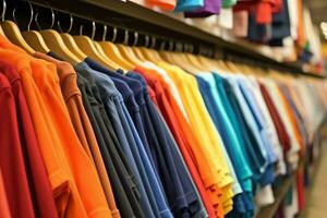 rij van modieus polo t-shirts voor Mens Aan houten hanger of rek in een kleding winkel kleinhandel winkel concept door ai gegenereerd foto