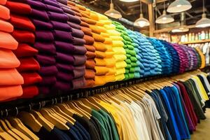 rij van modieus polo t-shirts voor Mens Aan houten hanger of rek in een kleding winkel kleinhandel winkel concept door ai gegenereerd foto