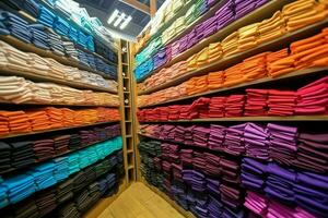 rij van modieus polo t-shirts voor Mens Aan houten hanger of rek in een kleding winkel kleinhandel winkel concept door ai gegenereerd foto