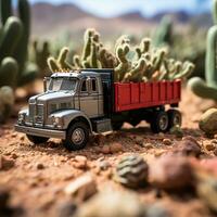 conceptuele foto afbeelding van een speelgoed- vrachtauto in de droog woestijn, generatief ai