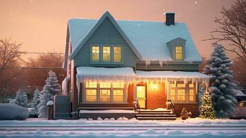 een schilderij van een knus huisje gedekt door sneeuw, generatief ai foto