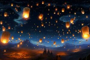 vliegend lantaarns in de nacht lucht gedurende de diwali festival Indië, ja peng of midden herfst dag in China concept door ai gegenereerd foto