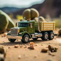 conceptuele foto afbeelding van een speelgoed- vrachtauto in de droog woestijn, generatief ai