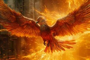 Feniks vogel met uitgestrekt Vleugels stijgende lijn brandend in vlammen. episch Feniks vogel brand wedergeboorte macht concept door ai gegenereerd foto