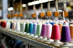 textiel kleding fabriek industrie met borduurwerk machine, breiwerk of draaien. naaien draad bedrijf concept door ai gegenereerd foto
