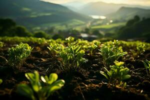 mooi visie van een thee veld- plantage, wijngaard boerderij of aardbei tuin in de groen heuvels Bij zonsopkomst concept door ai gegenereerd foto