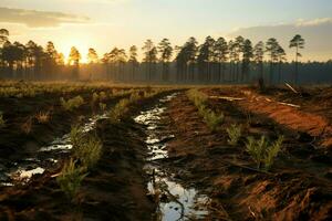 mooi visie van een thee veld- plantage, wijngaard boerderij of aardbei tuin in de groen heuvels Bij zonsopkomst concept door ai gegenereerd foto