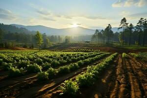 mooi visie van een thee veld- plantage, wijngaard boerderij of aardbei tuin in de groen heuvels Bij zonsopkomst concept door ai gegenereerd foto