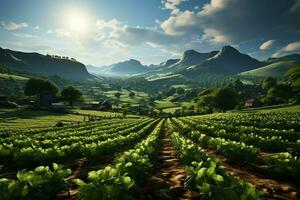 mooi visie van een thee veld- plantage, wijngaard boerderij of aardbei tuin in de groen heuvels Bij zonsopkomst concept door ai gegenereerd foto