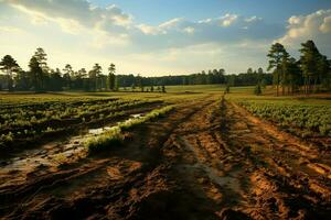 mooi visie van een thee veld- plantage, wijngaard boerderij of aardbei tuin in de groen heuvels Bij zonsopkomst concept door ai gegenereerd foto