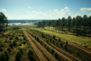 mooi visie van een thee veld- plantage, wijngaard boerderij of aardbei tuin in de groen heuvels Bij zonsopkomst concept door ai gegenereerd foto