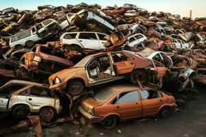 roesten oud rommel auto's met milieu verontreiniging in autokerkhof voor recyclen. verlaten auto verspilling concept door ai gegenereerd foto