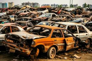 roesten oud rommel auto's met milieu verontreiniging in autokerkhof voor recyclen. verlaten auto verspilling concept door ai gegenereerd foto