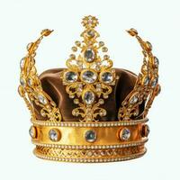 vorstelijk gouden keizer kroon van een koning Aan wit achtergrond. 3d renderen luxe Koninklijk koning goud kroon concept door ai gegenereerd foto