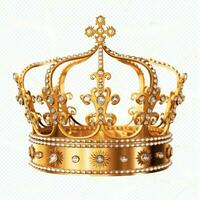 vorstelijk gouden keizer kroon van een koning Aan wit achtergrond. 3d renderen luxe Koninklijk koning goud kroon concept door ai gegenereerd foto