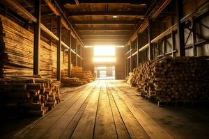 houten plank of bord in de timmerhout molen industrie. stack van logboeken en hout in de zagerij productie concept door ai gegenereerd foto