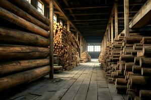 houten plank of bord in de timmerhout molen industrie. stack van logboeken en hout in de zagerij productie concept door ai gegenereerd foto