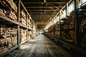 houten plank of bord in de timmerhout molen industrie. stack van logboeken en hout in de zagerij productie concept door ai gegenereerd foto