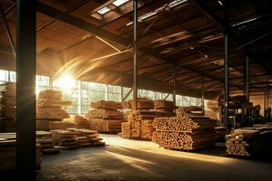 houten plank of bord in de timmerhout molen industrie. stack van logboeken en hout in de zagerij productie concept door ai gegenereerd foto