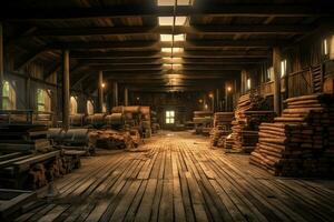houten plank of bord in de timmerhout molen industrie. stack van logboeken en hout in de zagerij productie concept door ai gegenereerd foto