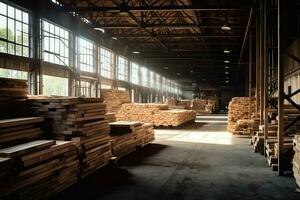 houten plank of bord in de timmerhout molen industrie. stack van logboeken en hout in de zagerij productie concept door ai gegenereerd foto