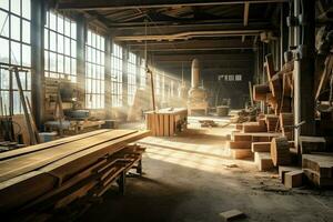 houten plank of bord in de timmerhout molen industrie. stack van logboeken en hout in de zagerij productie concept door ai gegenereerd foto