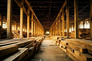 houten plank of bord in de timmerhout molen industrie. stack van logboeken en hout in de zagerij productie concept door ai gegenereerd foto