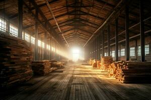 houten plank of bord in de timmerhout molen industrie. stack van logboeken en hout in de zagerij productie concept door ai gegenereerd foto