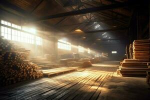 houten plank of bord in de timmerhout molen industrie. stack van logboeken en hout in de zagerij productie concept door ai gegenereerd foto