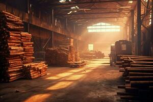 houten plank of bord in de timmerhout molen industrie. stack van logboeken en hout in de zagerij productie concept door ai gegenereerd foto