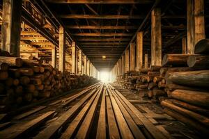 houten plank of bord in de timmerhout molen industrie. stack van logboeken en hout in de zagerij productie concept door ai gegenereerd foto