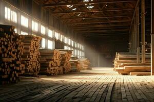 houten plank of bord in de timmerhout molen industrie. stack van logboeken en hout in de zagerij productie concept door ai gegenereerd foto