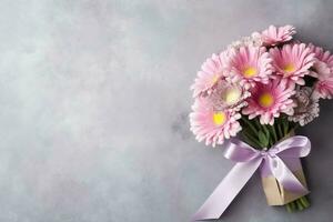 decoratief van tulpen bloemen boeket of verpakt geschenk doos. voor moeders dag of Valentijn met copyspace concept door ai gegenereerd foto