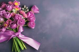 decoratief van tulpen bloemen boeket of verpakt geschenk doos. voor moeders dag of Valentijn met copyspace concept door ai gegenereerd foto