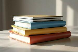 een boek stapel dichtbij omhoog Aan een studie bureau. voorkant visie stapel boek. voor festival van wereld boek dag, nationaal boek dag of nationaal onderwijs dag. stack van kleurrijk boeken Aan studie tafel door ai gegenereerd foto