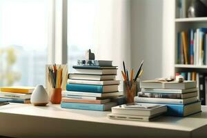 een boek stapel dichtbij omhoog Aan een studie bureau. voorkant visie stapel boek. voor festival van wereld boek dag, nationaal boek dag of nationaal onderwijs dag. stack van kleurrijk boeken Aan studie tafel door ai gegenereerd foto