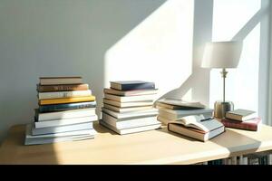 een boek stapel dichtbij omhoog Aan een studie bureau. voorkant visie stapel boek. voor festival van wereld boek dag, nationaal boek dag of nationaal onderwijs dag. stack van kleurrijk boeken Aan studie tafel door ai gegenereerd foto