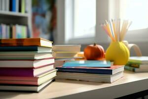 een boek stapel dichtbij omhoog Aan een studie bureau. voorkant visie stapel boek. voor festival van wereld boek dag, nationaal boek dag of nationaal onderwijs dag. stack van kleurrijk boeken Aan studie tafel door ai gegenereerd foto