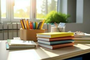 een boek stapel dichtbij omhoog Aan een studie bureau. voorkant visie stapel boek. voor festival van wereld boek dag, nationaal boek dag of nationaal onderwijs dag. stack van kleurrijk boeken Aan studie tafel door ai gegenereerd foto