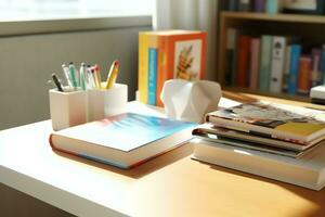 een boek stapel dichtbij omhoog Aan een studie bureau. voorkant visie stapel boek. voor festival van wereld boek dag, nationaal boek dag of nationaal onderwijs dag. stack van kleurrijk boeken Aan studie tafel door ai gegenereerd foto