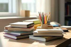 een boek stapel dichtbij omhoog Aan een studie bureau. voorkant visie stapel boek. voor festival van wereld boek dag, nationaal boek dag of nationaal onderwijs dag. stack van kleurrijk boeken Aan studie tafel door ai gegenereerd foto