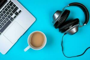 muziek- of podcast achtergrond met elektronisch apparaten, koptelefoon, koffie en laptop Aan kantoor bureau concept door ai gegenereerd foto