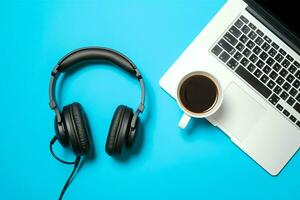muziek- of podcast achtergrond met elektronisch apparaten, koptelefoon, koffie en laptop Aan kantoor bureau concept door ai gegenereerd foto