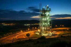 mooi visie hoog Spanning elektrisch of telecommunicatie antenne draadloze toren met groen veld- concept door ai gegenereerd foto