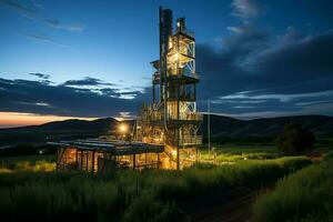 mooi visie hoog Spanning elektrisch of telecommunicatie antenne draadloze toren met groen veld- concept door ai gegenereerd foto