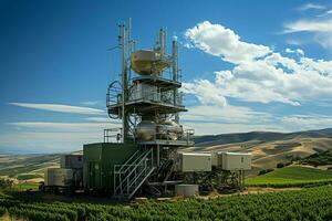 mooi visie hoog Spanning elektrisch of telecommunicatie antenne draadloze toren met groen veld- concept door ai gegenereerd foto