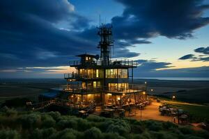 mooi visie hoog Spanning elektrisch of telecommunicatie antenne draadloze toren met groen veld- concept door ai gegenereerd foto