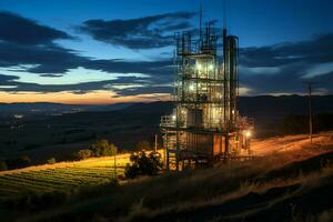 mooi visie hoog Spanning elektrisch of telecommunicatie antenne draadloze toren met groen veld- concept door ai gegenereerd foto