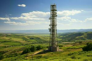 mooi visie hoog Spanning elektrisch of telecommunicatie antenne draadloze toren met groen veld- concept door ai gegenereerd foto