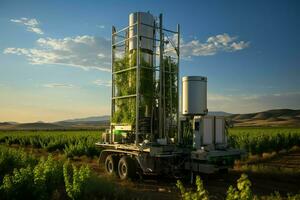 mooi visie hoog Spanning elektrisch of telecommunicatie antenne draadloze toren met groen veld- concept door ai gegenereerd foto